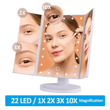 Smink Tükör 22 LED 3 Összecsukható 2 / 3X-os Nagyító Hiúság Tükör Érintse meg Forgatható Dimmer fésülködő Asztal Kozmetikai Tükör