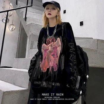 Pamut hosszú ujjú póló férfi női démon nyomtatás sötét high street retro O-nyak Punk Streetwear Túlméretes Harajuku Gótikus Póló