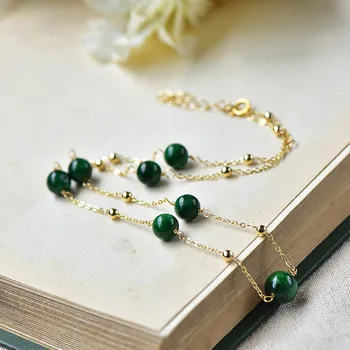 Természetes Zöld Jade Kerek Gyöngy Nyaklánc Női 14K Arany Töltött Kulcscsont Lánc Retro Varázsa Elegáns Szerencsés Ékszerek