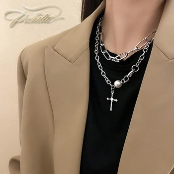 PULATU új Kereszt Nyaklánc Luxus Ékszer a Nők Dupla Réteg Gyöngy Nyaklánc Személyre szabott Pulóver Lánc Collares Para Mujer