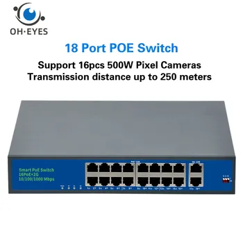 16 Port POE-t Ethernet Hálózati Kapcsoló+2 Port Gigabit Uplink Gyorsan Kapcsoló, Fém Shell CCTV IP Kamerát Hatalom 250M