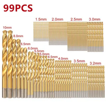 60/99PCS 1.0-3,5 mm-es, 1,5 mm-10mm Nagy Sebességű Acél Titán Bevonatú Egyenes Szár Twist Fúró Készlet Fúró Faipari Lyuk Készlet