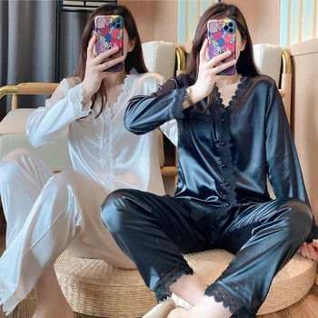 2021 Őszi Szexi Csipke V-nyakú Selyem Szatén Pizsama Szett Nők számára koreai Hosszú Ujjú Hálóruházat Pizsama Homewear Pijama Mujer Ruhák