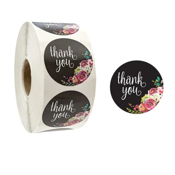 500 Db-én Colos Kerek Fekete Virágok Köszönöm Címkék Fél kisvállalkozói, vagy Esküvői Ajándék Csomagolás Írószerek Matrica