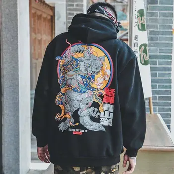 Divat király férfiak hip-hop kapucnis felső Japán Alkalmi Melegítőfelső Streetwear Nők Laza Pulóver Ördög Nyomtatás Kapucnis Férfi kabát