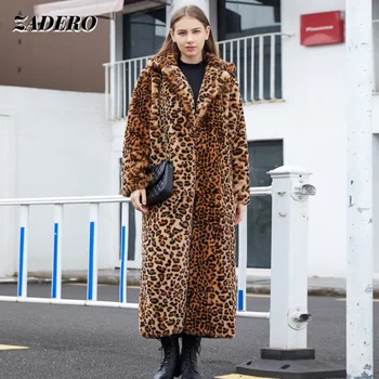 Leopárd mintás műszőrme Hosszú Kabátok Női 2021 Téli Ál Nyúl Plüss Kabát Divat Meleg High Street Fuzzy Outwear