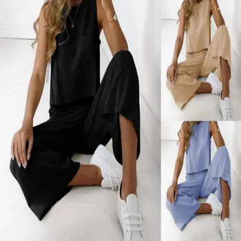 Női Pizsama Nyári Alkalmi Pamut Ágynemű Szilárd Ujjatlan Felső Széles Láb Nadrág Hálóruha Készlet 2021 Divat Női Homewear