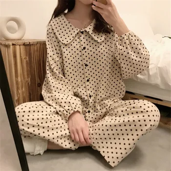 Teremtés 101 új pizsama hajtóka aranyos egysoros pöttyös alkalmi hosszú ujjú otthoni viselet női pizsama