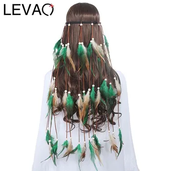 LEVAO 2021 Lányok Fekete Toll Hairbands a Nők Fesztivál Bohém Stílus Fejpánt Haj Haj kiegészítők Kötél Fejfedőt Hippi
