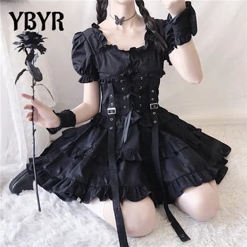 YBYR Fekete Gothic Lolita Ruha Japán Lány Punk Stílus Puff Ujjú Kötést Mini Ruha Női Szexi Fodros Ruhák Klub Ruhák